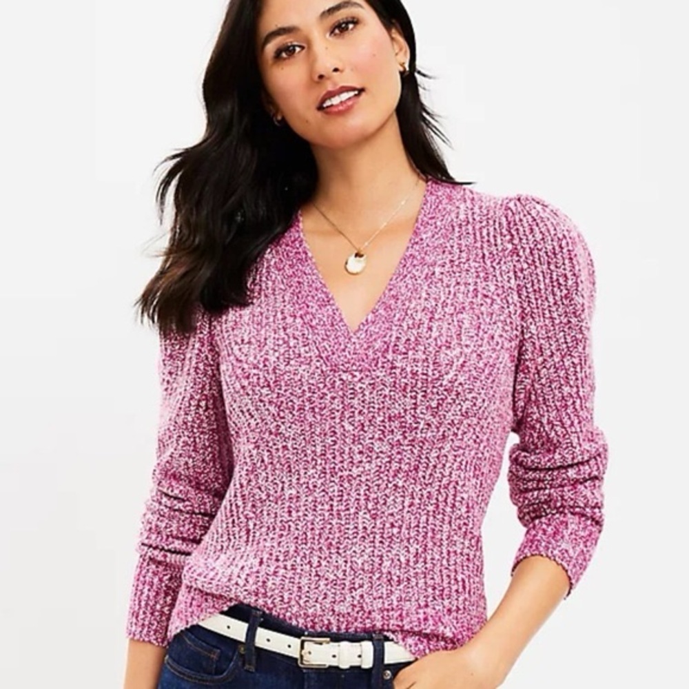 LOFT Marbled Hot Pink V-Neck Puff Sleeve Sweater Marled Women’s Top